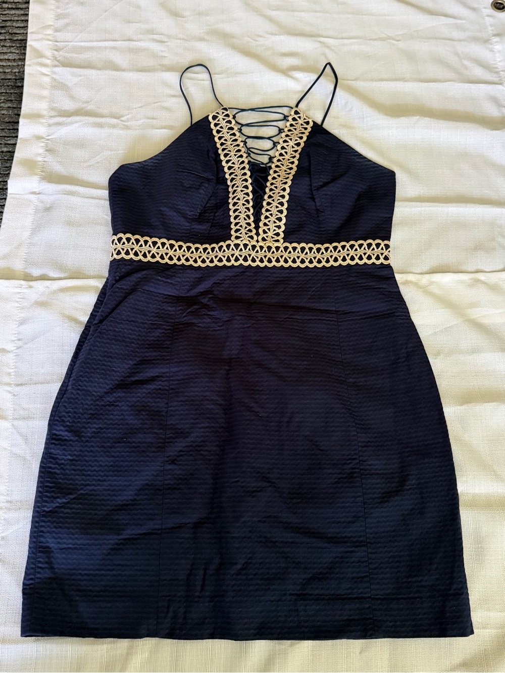 Lilly Pulitzer Navy Mini Dress with Cream Crochet Trim